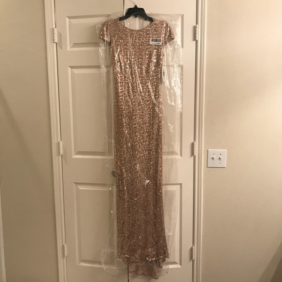 Badgley Mischka blush gold sequin cowl back gown - Picture 2 of 6